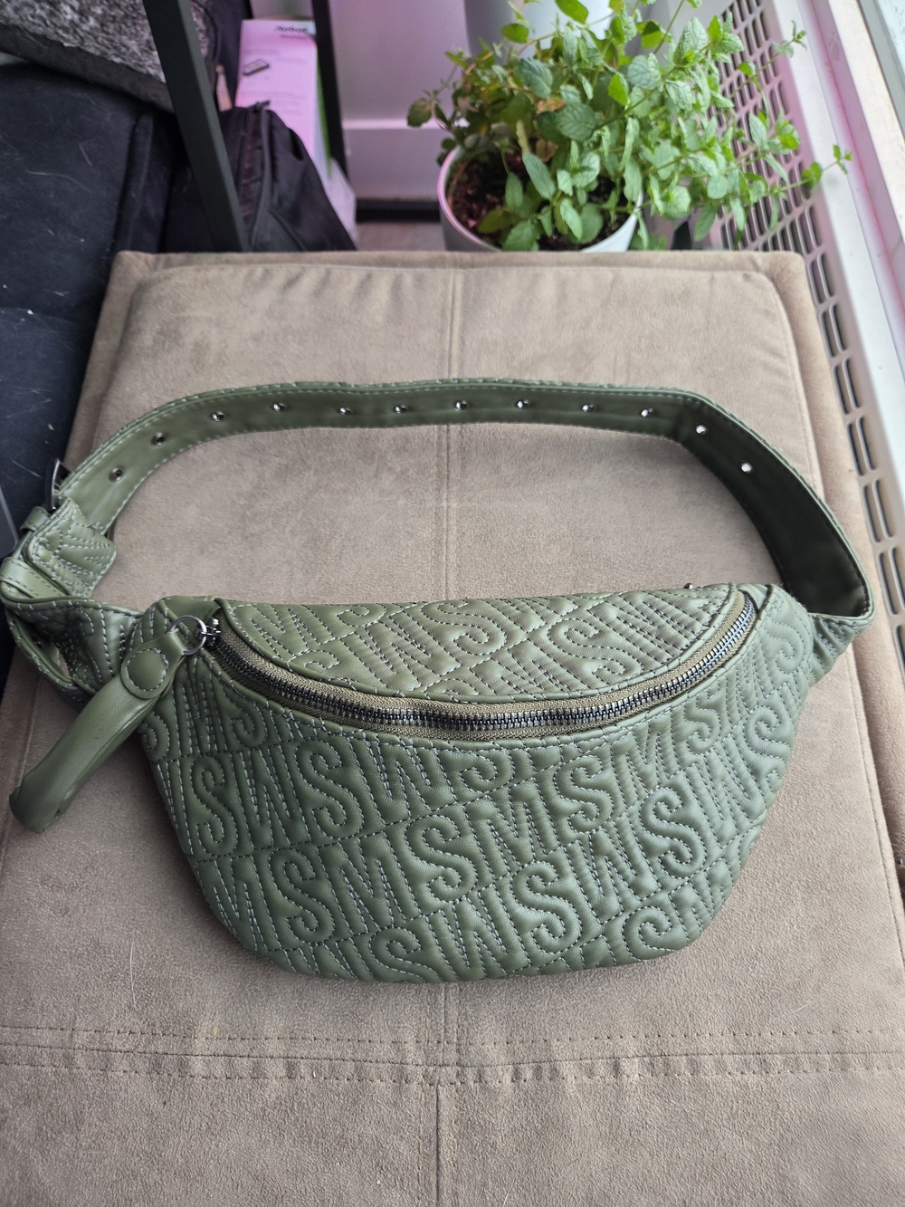 Steve Madden Olive Green Quilted Belt Bag with Silver Hardware